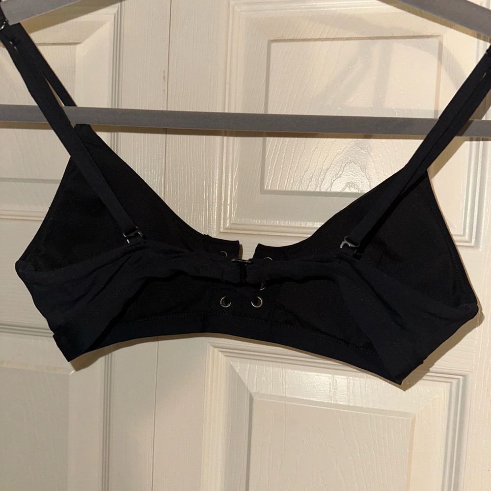 Black skinny strap bikini top with criss cross and metal accents XS